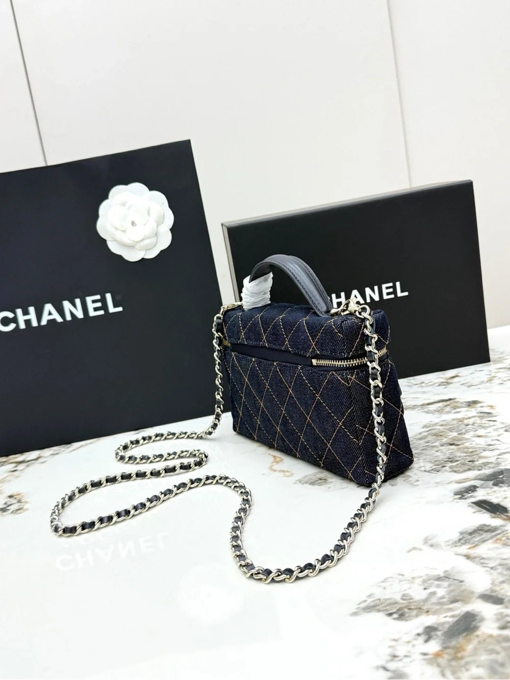 CHANEL Navy Quilted Denim Vanity Crossbody with Gold Hardware